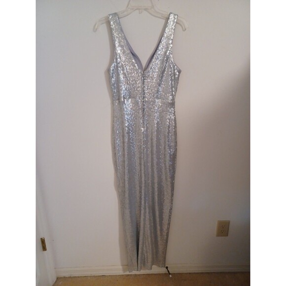 Venus Sequined Long Evening Ball Gown M Silver Gray V Neck Sleeveless Zip Slit - Picture 6 of 10